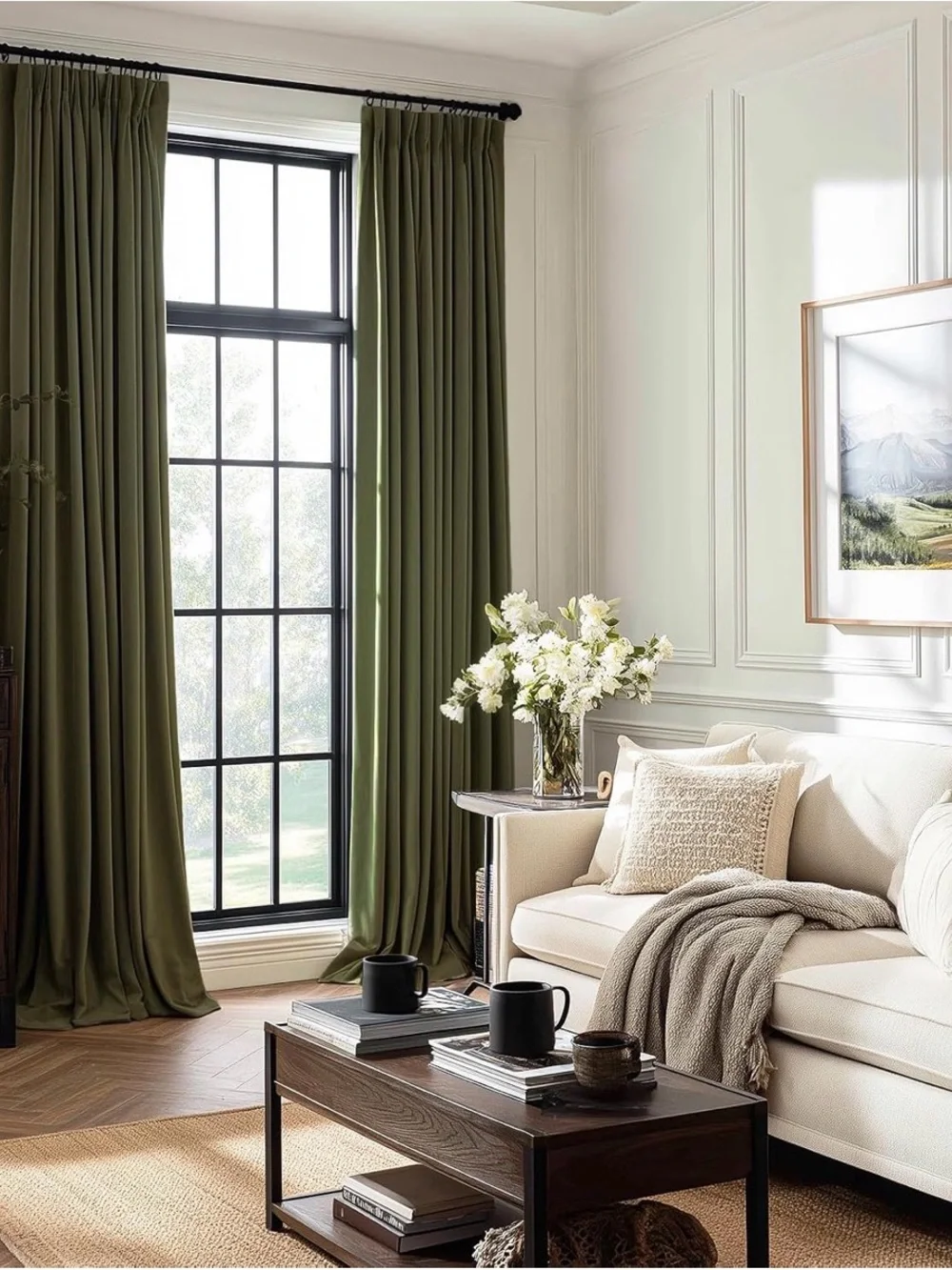 Olive Green Velvet Pinch Pleat Curtain Panel